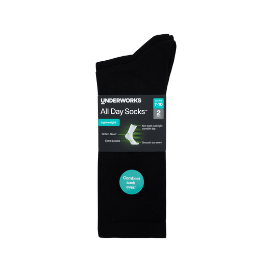 Underworks Men's All Day Socks Fine Crew Black 2pk