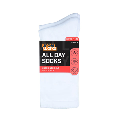Underworks white cotton rich 2 pack socks shown in packaging. Women's shoe size 5-8. Underworks white cotton rich 2 pack socks shown in packaging. Women's shoe size 5-8.