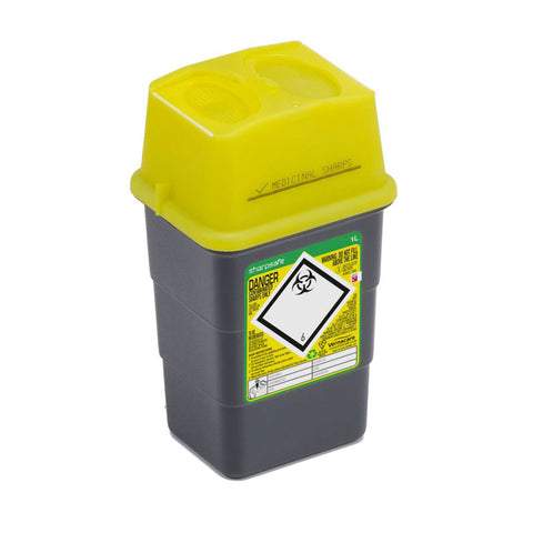 Sharpsafe 1 Litre Yellow Lid Recycled Polymer Container Sharpsafe 1 Litre Yellow Lid Recycled Polymer Container
