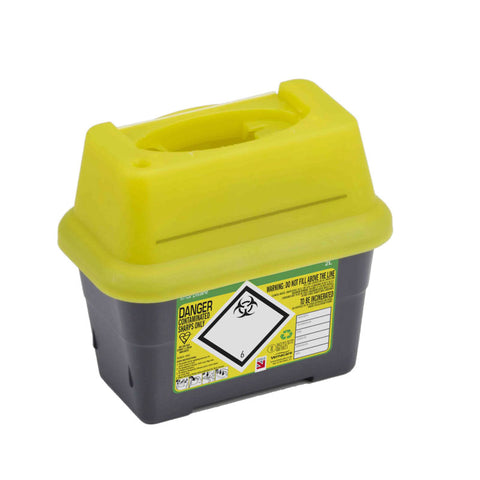 Sharpsafe 2 Litre Yellow Lid Recycled Polymer Container Sharpsafe 2 Litre Yellow Lid Recycled Polymer Container