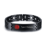 Type 2 Diabetes' medical alert: linked bracelet in matt black coloured stainless steel to fit 21cm wrist.