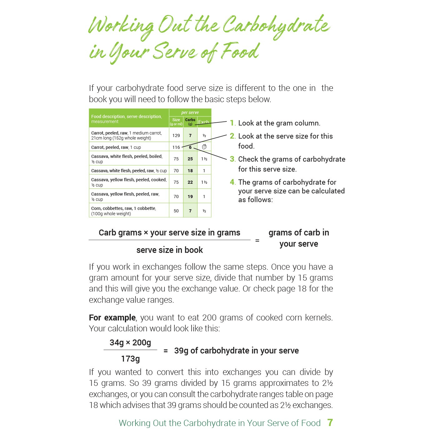 'The Traffic Light Guide to Food: Australian Carbohydrate Counter' guide: carb calculator page sample.