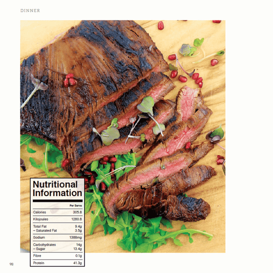 4 Ingredients 'Healthy Diet' cookbook: Sample page image of roast beef with pomegranate seeds, micro herbs and green salad leaves with a nutritional information panel inset.
