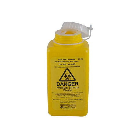 FITTUBE yellow sharps container with white screw-top lid by ASP. It has a 675ml storage capacity for medical  sharps waste. FITTUBE yellow sharps container with white screw-top lid by ASP. It has a 675ml storage capacity for medical  sharps waste.