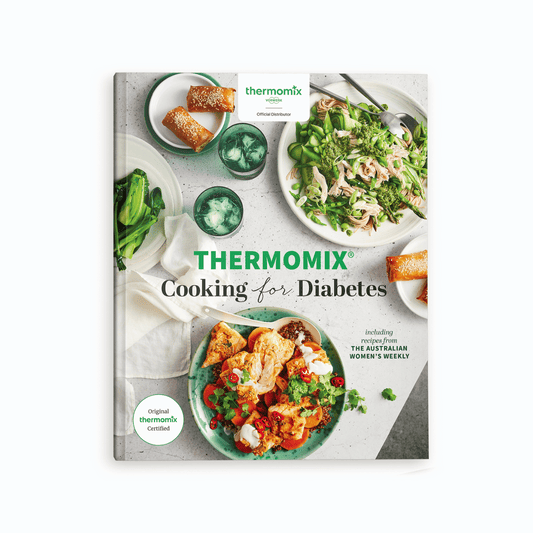 Cover of the Thermomix Cooking for Diabetes cookbook. It has original Thermomix certified badge and includes recipes from the Australian Women's Weekly
