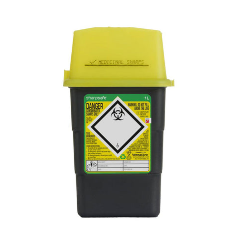 Sharpsafe 1 Litre Yellow Lid Recycled Polymer Container