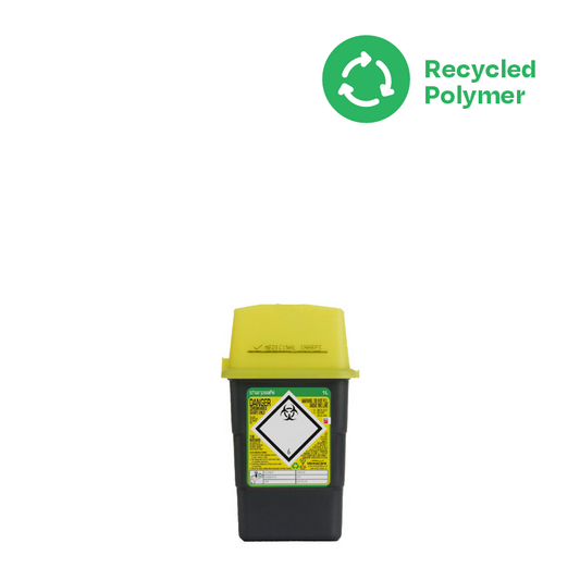 Sharpsafe 1 Litre Yellow Lid Recycled Polymer Container