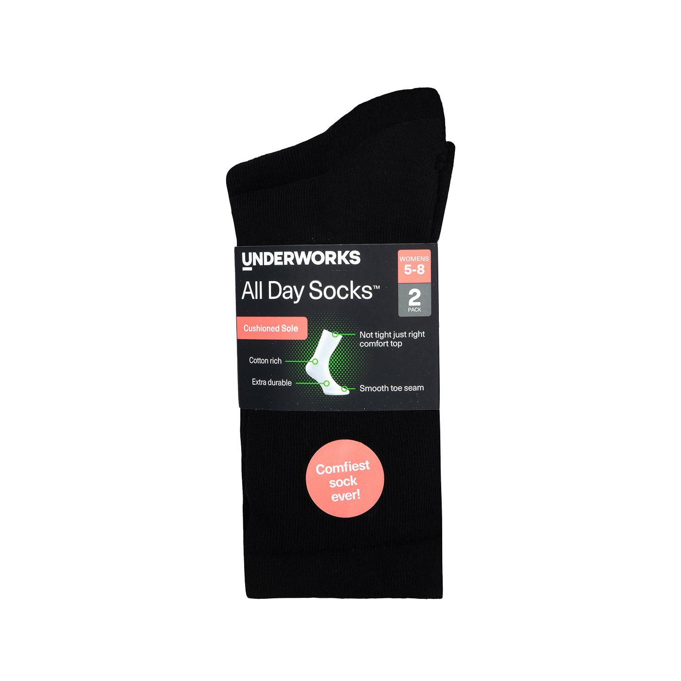 Underworks Women's All Day Socks Cushioned Crew 2pk