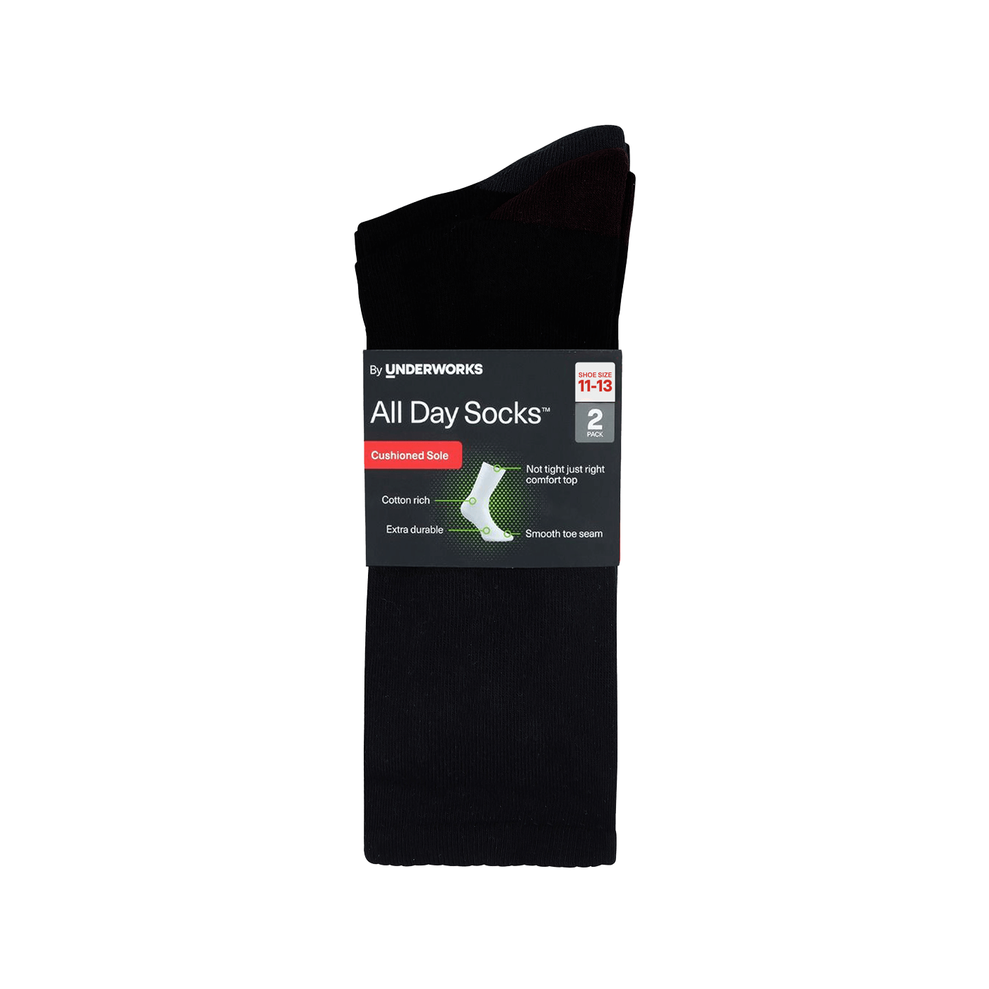 Underworks Men's All Day Socks Cushioned Crew Plain 2pk