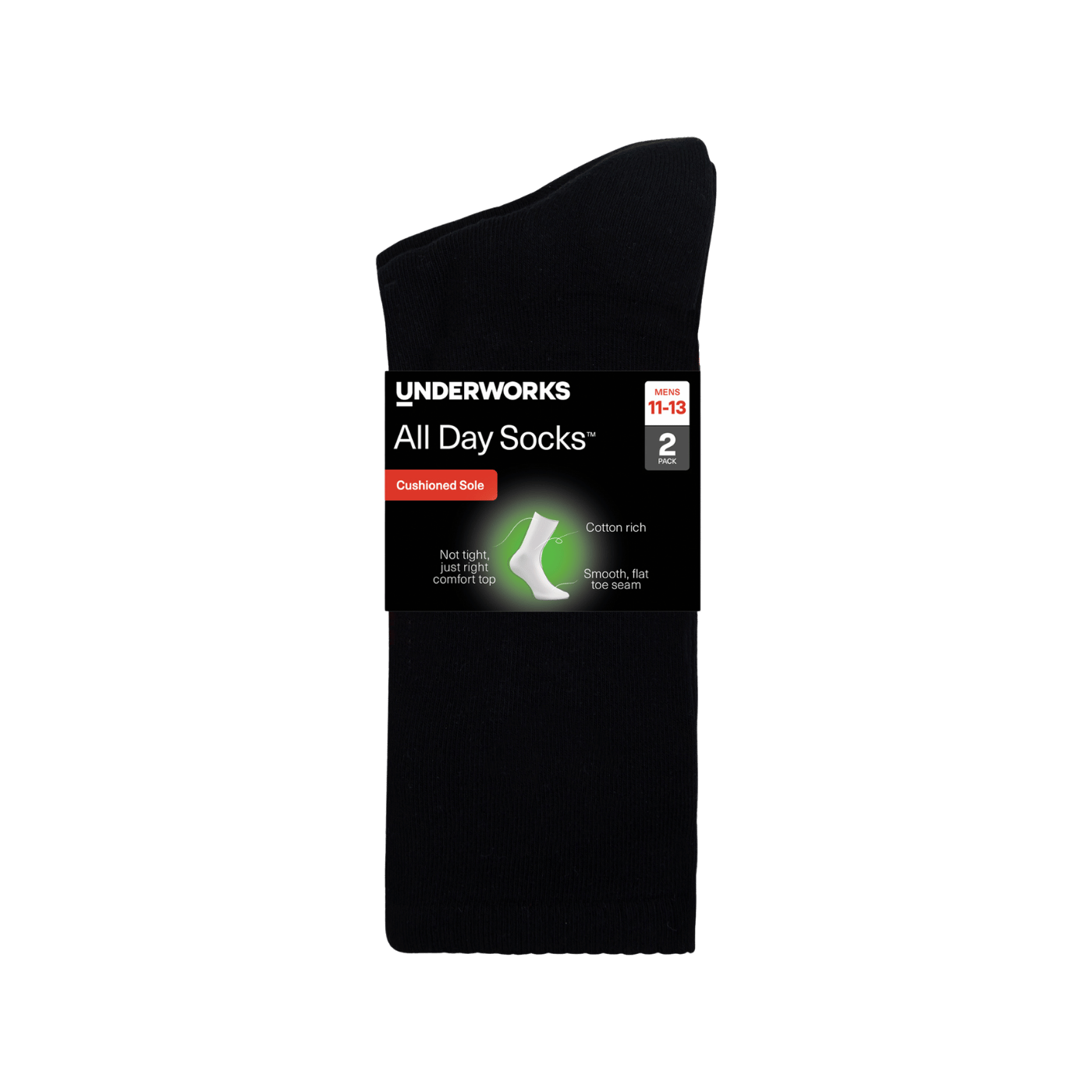 Underworks Men's All Day Socks Cushioned Crew Plain 2pk
