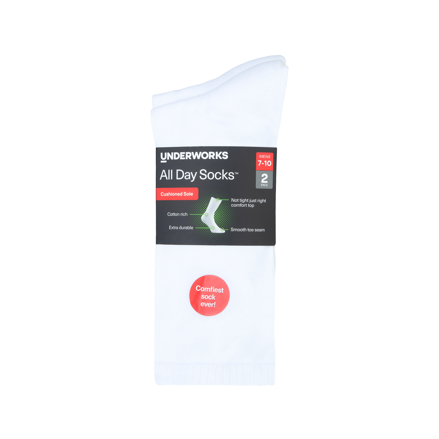 Underworks Men's All Day Socks Cushioned Crew Plain 2pk