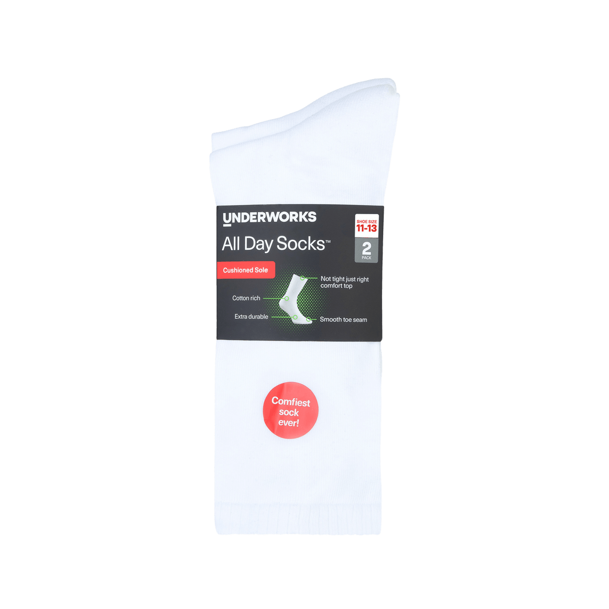 Underworks Men's All Day Socks Cushioned Crew Plain 2pk