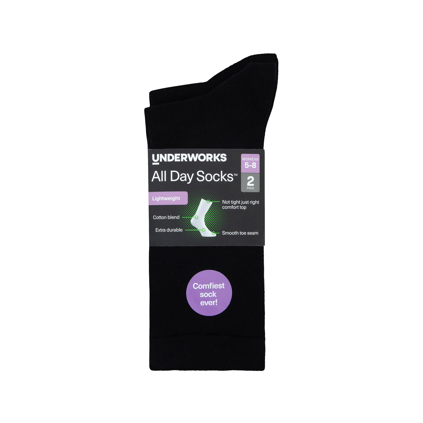 Underworks Women's All Day Socks Fine Crew Black 2pk