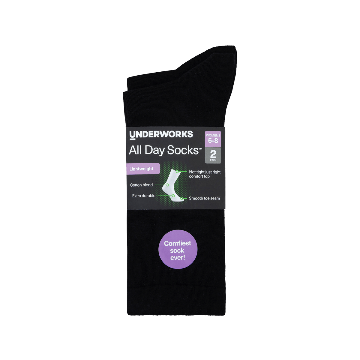 Underworks Women's All Day Socks Fine Crew Black 2pk
