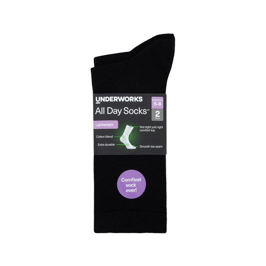 Underworks Women's All Day Socks Fine Crew Black 2pk