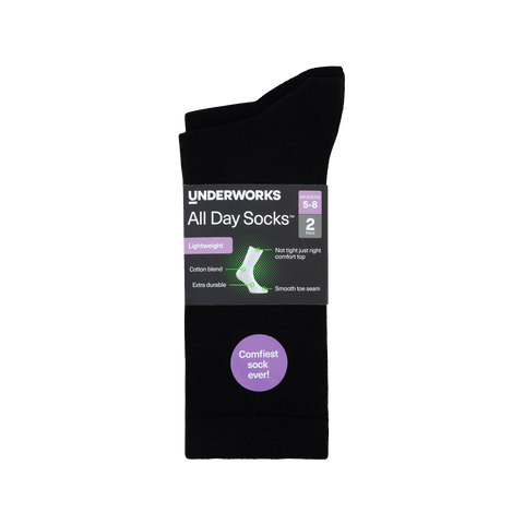 Underworks Women's All Day Socks Fine Crew Black 2pk