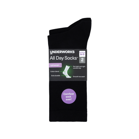 Underworks Women's All Day Socks Fine Crew Black 2pk