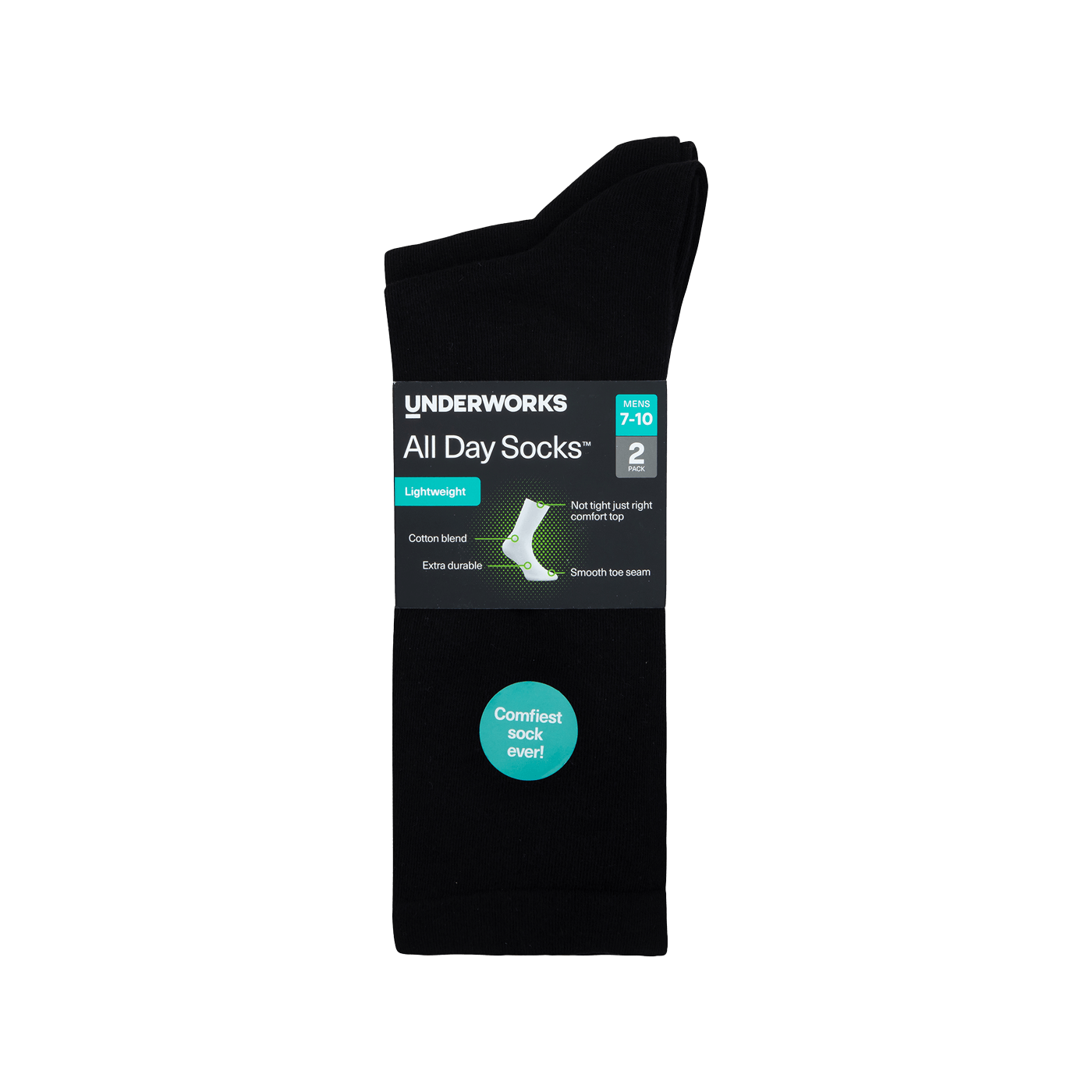 Underworks Men's All Day Socks Fine Crew Black 2pk