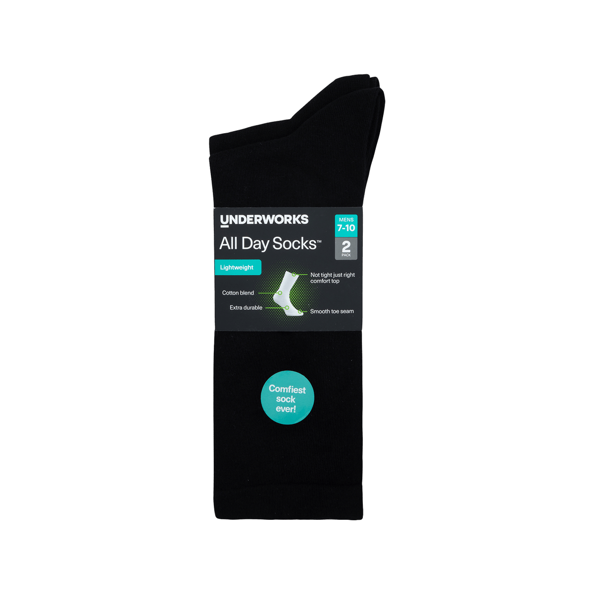 Underworks Men's All Day Socks Fine Crew Black 2pk