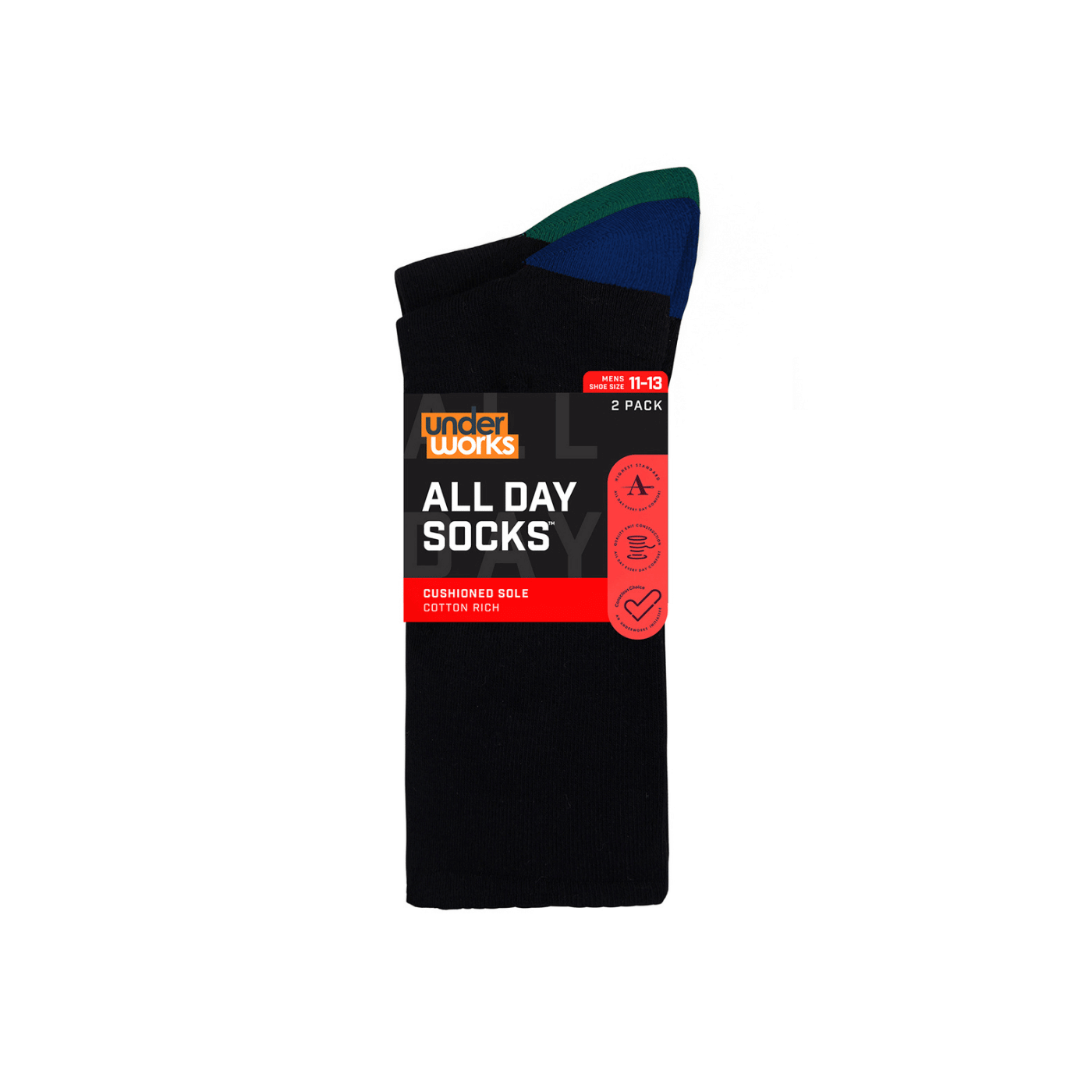 All Day Socks Men's Cushion Crew with Colour Heel and Toe 2pk
