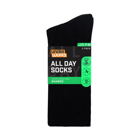 Underworks black bamboo 2 pack socks shown in green packaging. Men's shoe size 7-10.