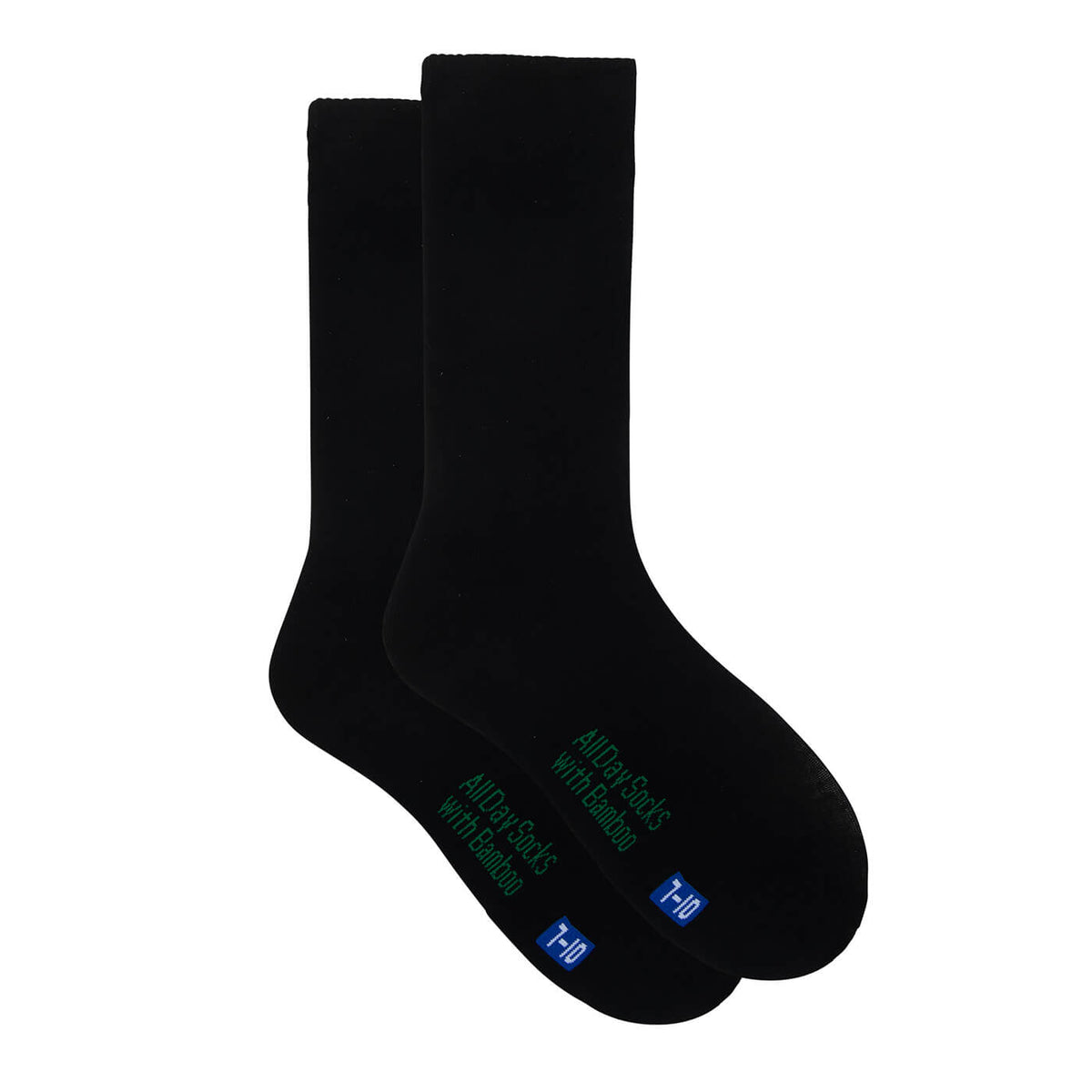 Underworks men's black bamboo, crew length socks shown out of packaging. 