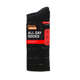 Underworks Men's All Day Socks. Black sock with white and grey small horizontal abstract lines pattern - 2 pack socks. Shown in packaging. Men's shoe size 7-10.