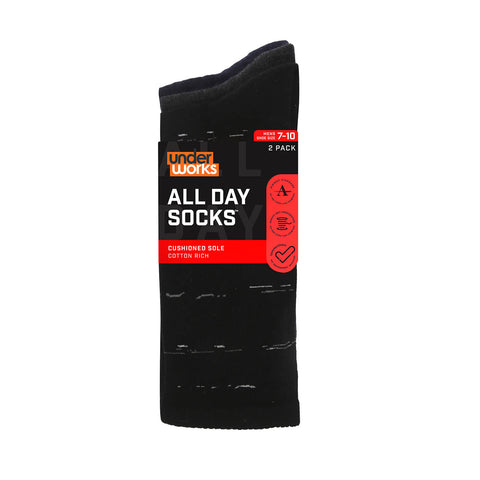 Underworks Men's All Day Socks. Black sock with white and grey small horizontal abstract lines pattern - 2 pack socks. Shown in packaging. Men's shoe size 7-10.