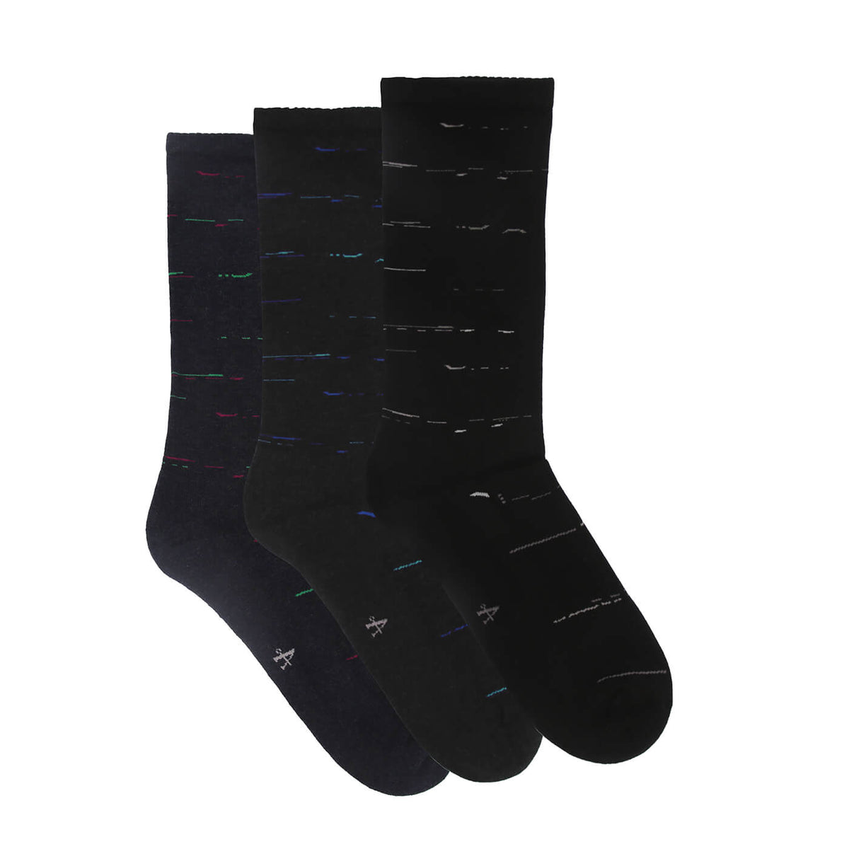 Underworks Men's All Day Socks. Black sock with small horizontal abstract lines pattern.