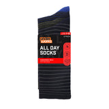 Underworks Men's All Day Socks. Underworks Men's All Day Socks - 3 pack with 3 different striped patterns: charcoal sock with blue stripe, heel and toe; olive sock with black stripe, heel and toe; black sock with grey stipe and black heel and toe. Shown in packaging. Men's shoe size 7-10.
