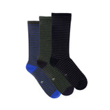 Underworks Men's All Day Socks - 3 pack with 3 different striped patterns: charcoal sock with blue stripe, heel and toe; olive sock with black stripe, heel and toe; black sock with grey stipe and black heel and toe.