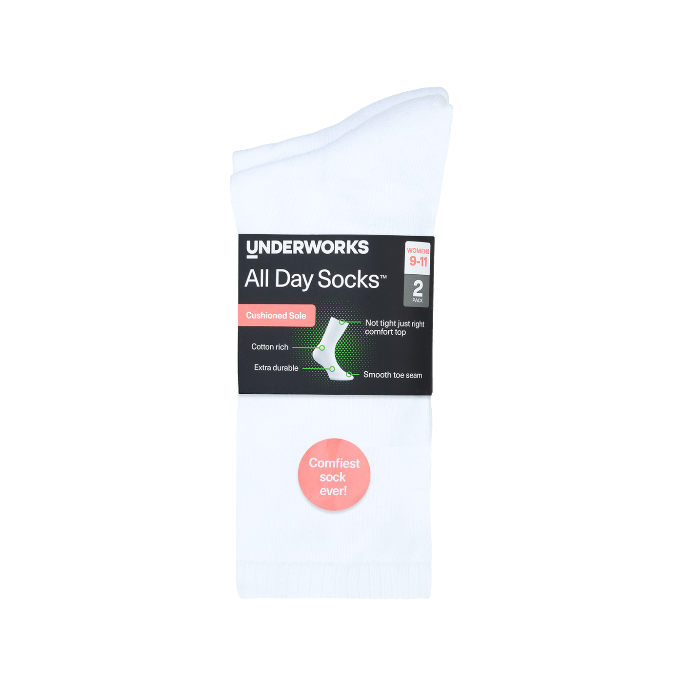 Underworks Women's All Day Socks Cushioned Crew Plain 2pk