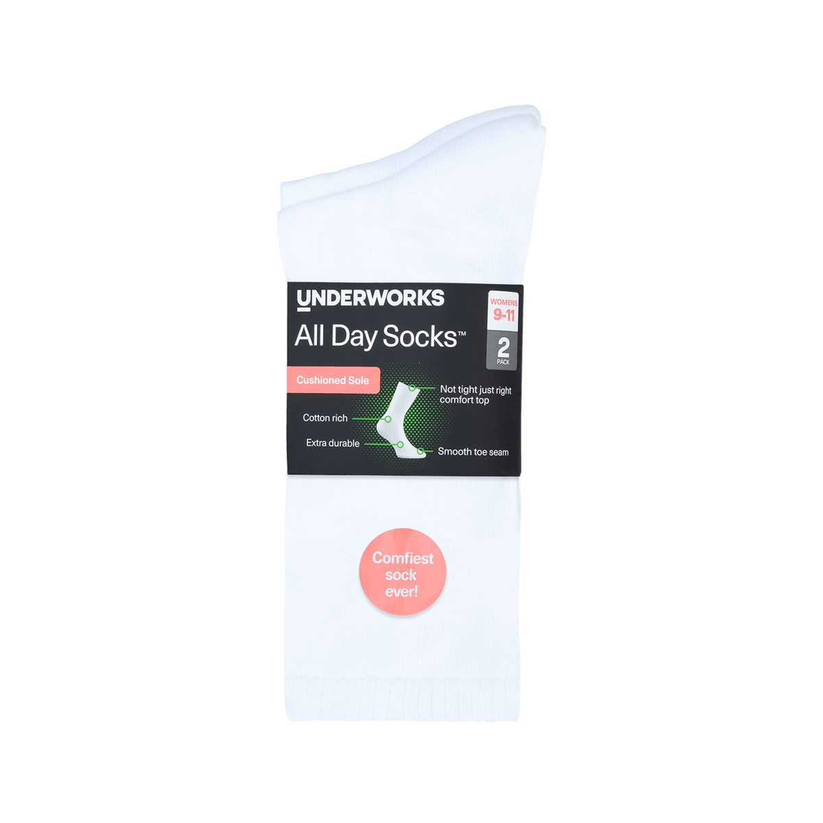 Underworks Women's All Day Socks Cushioned Crew Plain 2pk