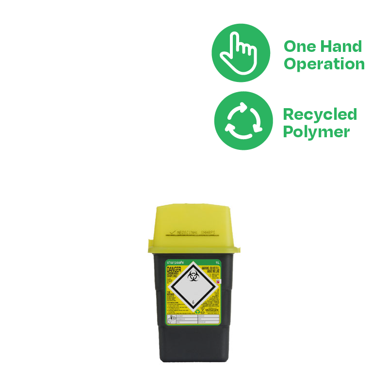 Sharpsafe 1 Litre Yellow Lid Recycled Polymer Container