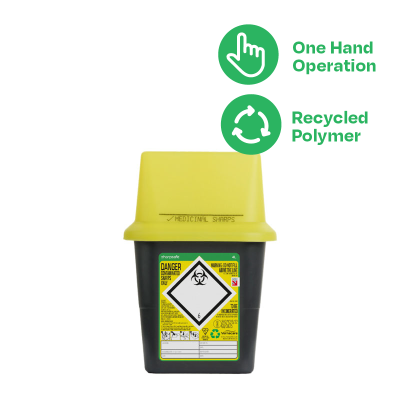 Sharpsafe 4 Litre Yellow Lid Recycled Polymer Container