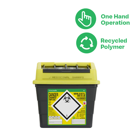 Sharpsafe 9 Litre Yellow Lid Recycled Polymer Container