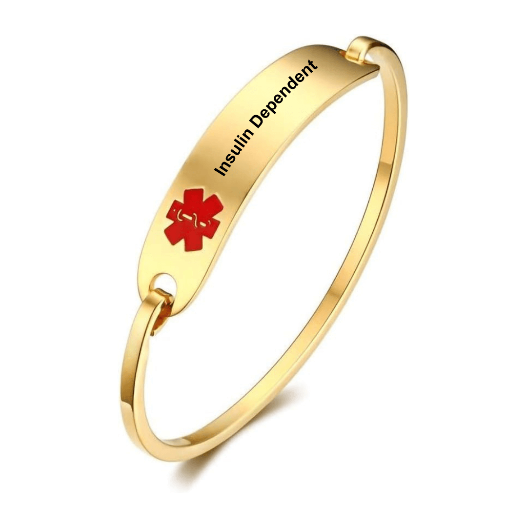 Insulin Dependent Diabetes Medical Alert Bangle: in gold coloured stainless steel to fit 19cm wrist