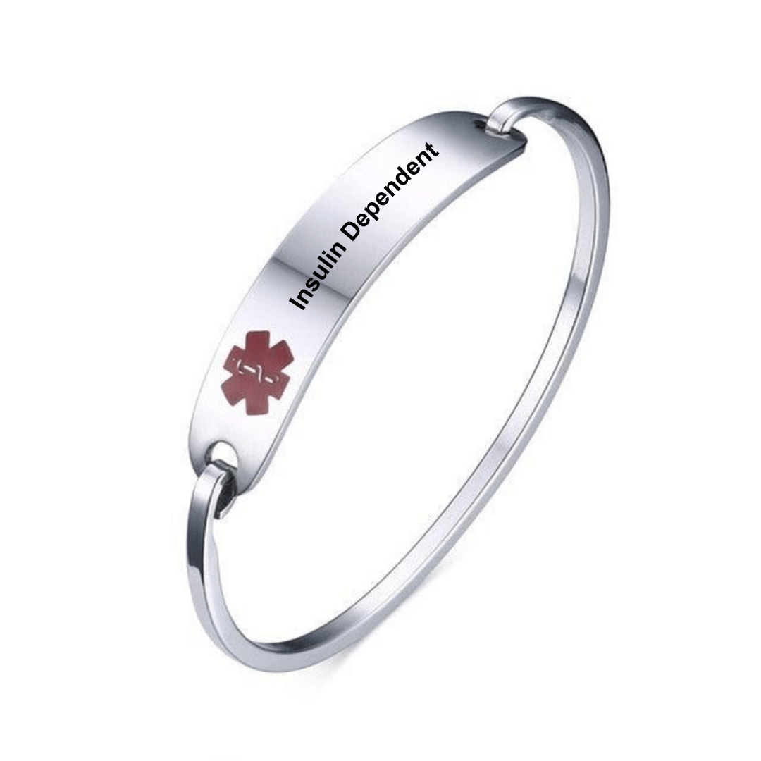 Insulin Dependent Diabetes Medical Alert Bangle: in silver coloured stainless steel to fit 19cm wrist