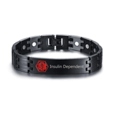 'Insulin dependent' medical alert: linked bracelet in matt black coloured stainless steel to fit 21cm wrist.