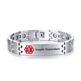 'Insulin dependent' medical alert: linked bracelet in brushed silver coloured stainless steel to fit 21cm wrist.