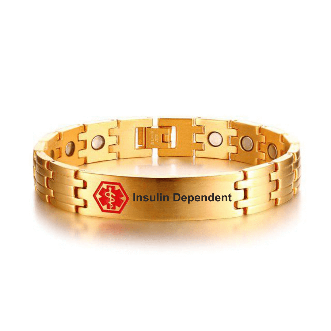 'Insulin dependent' medical alert: linked bracelet in brushed gold coloured stainless steel to fit 21cm wrist.