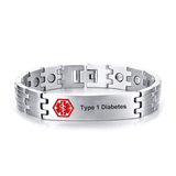 Type 1 Diabetes' medical alert: linked bracelet in brushed silver coloured stainless steel to fit 21cm wrist.