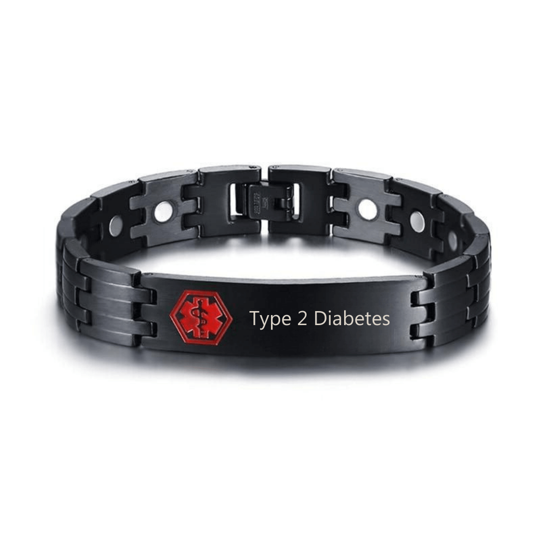 Type 2 Diabetes' medical alert: linked bracelet in matt black coloured stainless steel to fit 21cm wrist.