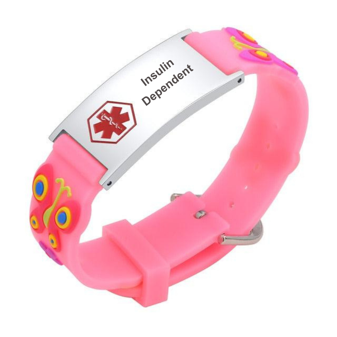 Insulin Dependent medical alert bracelet for a child. Bracelet band is made of pink silicone with a butterfly design. The alert plate is stainless steel with red medi-alert symbol and 'Insulin Dependent' engraved on the plate.