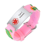 Type 2 medical alert bracelet for a child made of pink silicone with a dinosaur design. Alert is stainless steel with red medi-alert symbol and 'Type 2 Diabetes'  engraved on rectangular plate.