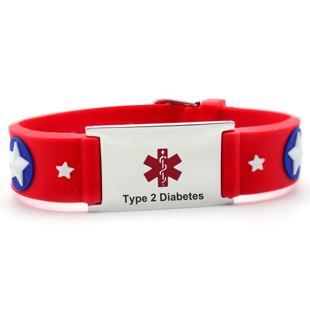 Type 2 medical alert bracelet for a child. Bracelet band is made of red silicone with a star design. Alert is stainless steel with red medi-alert symbol and 'Type 2 Diabetes' engraved on rectangular plate.