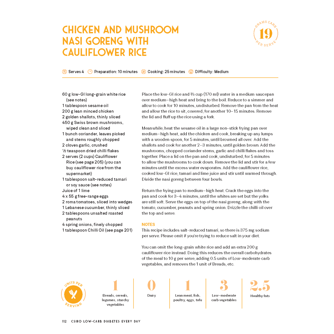 'CSIRO Low-Carb Diabetes Every Day' cookbook: Chicken and Mushroom Nasi-Goreng with Cauliflower Rice sample recipe.