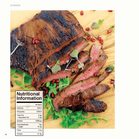 4 Ingredients 'Healthy Diet' cookbook: Sample page image of roast beef with pomegranate seeds, micro herbs and green salad leaves with a nutritional information panel inset. 