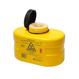FITTANK™ yellow sharps container with a black screw top and petal insert. It has a 3L capacity to safely store medical sharps waste.