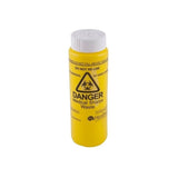 ASP 250ml FITSAFE yellow sharps container with a white safety screw top. It has a 225ml capacity to safely store medical sharps waste.